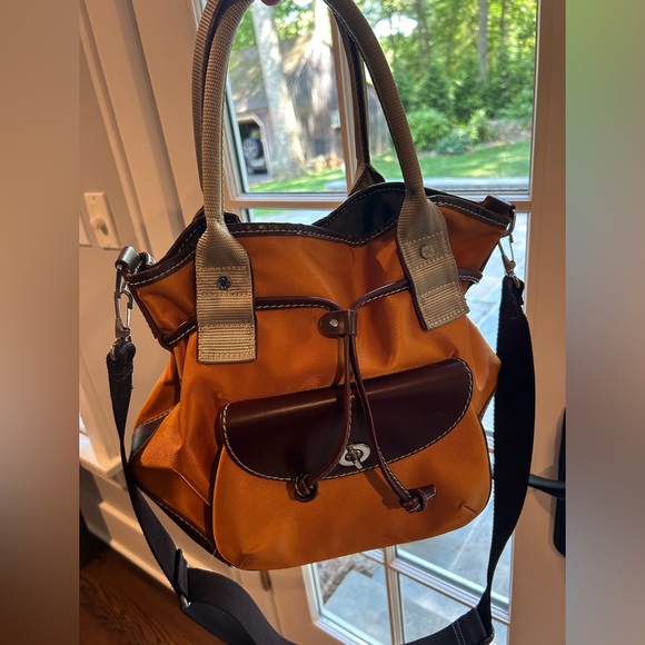 Lancel Paris Nylon bucket bag tote Orange with leather trim. W/ Shoulder strap - Picture 2 of 7